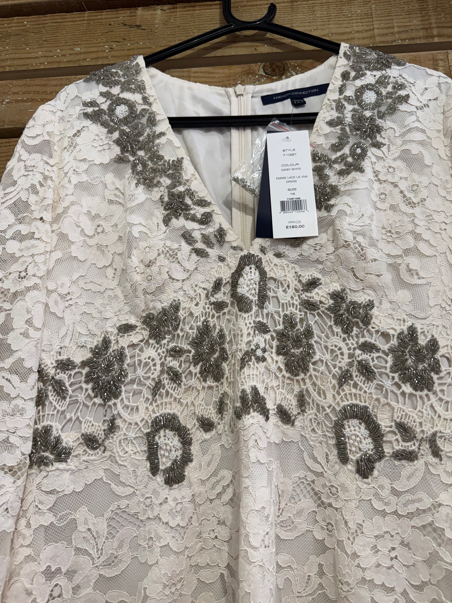 BNWT French connection lace beaded/ embellished dress. Evening/ summer/ bridal/ wedding. Size 16. RRP: £180