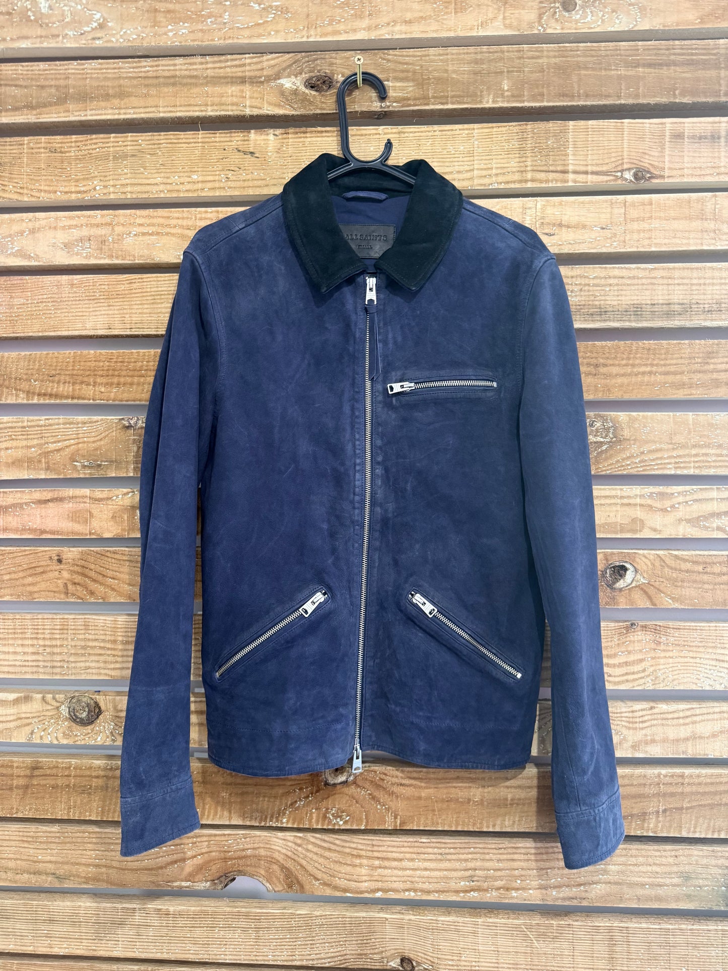 AllSaints Terence Suede leather jacket. Navy blue. Size Small.