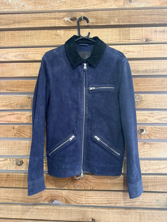 AllSaints Terence Suede leather jacket. Navy blue. Size Small.