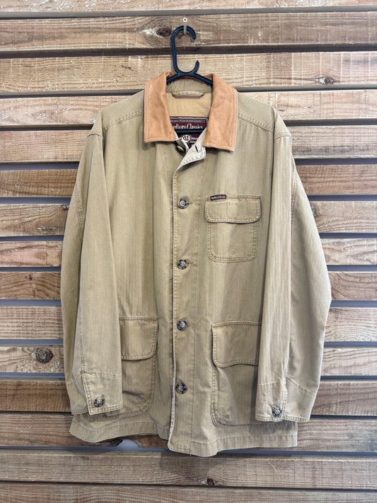 Vintage 90s Marlboro Classics utility/ field workwear jacket. Leather collar. Size Large. Beige.