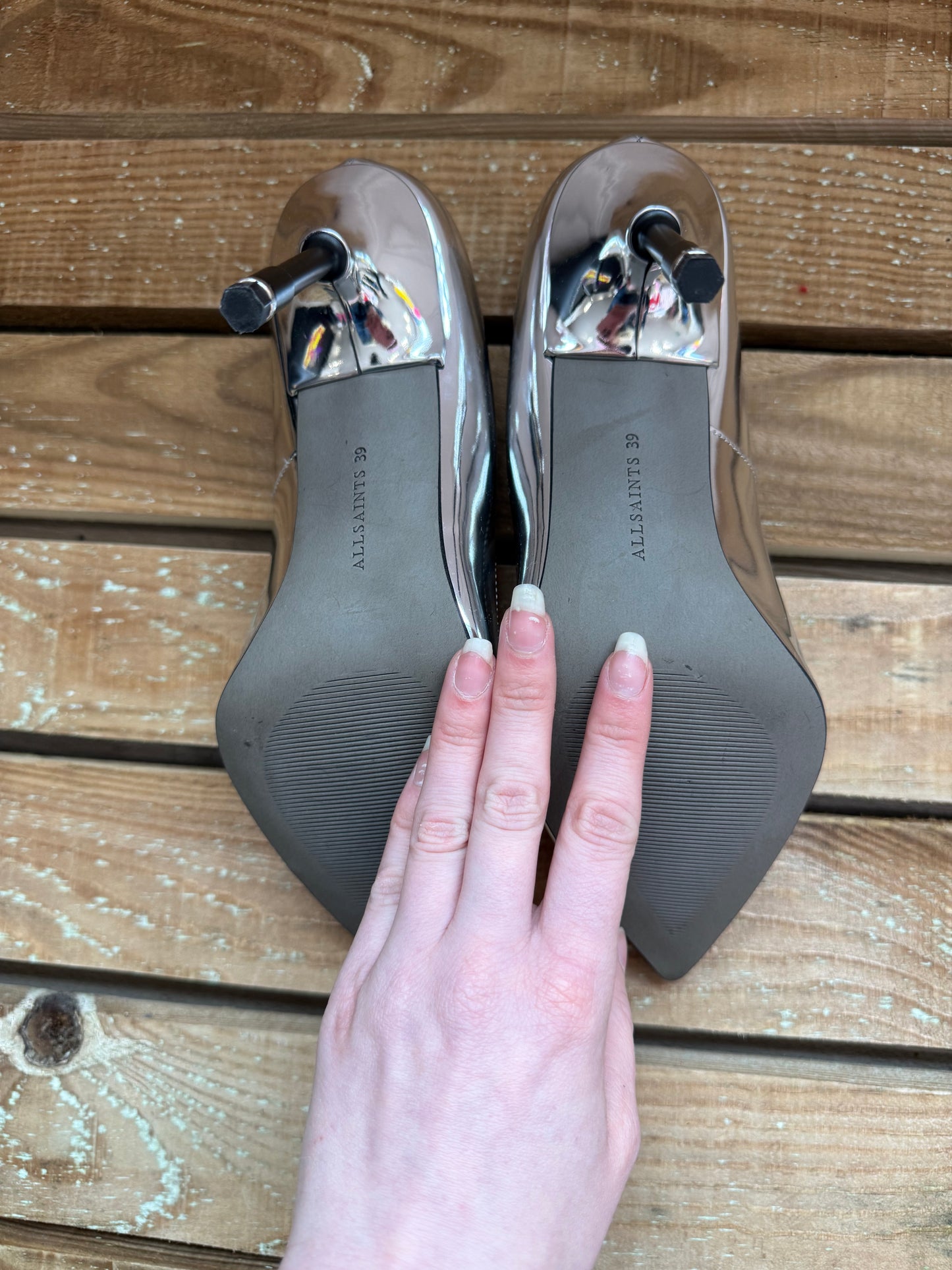 AllSaints Nova Metallic Leather Court Shoes/ Stilettos. Silver. EU39, UK6