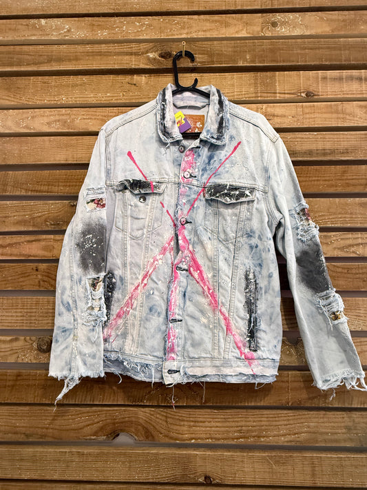 Vintage 80s Levi’s blue denim jacket. Size medium. Distressed/ painted/customised. Size Large