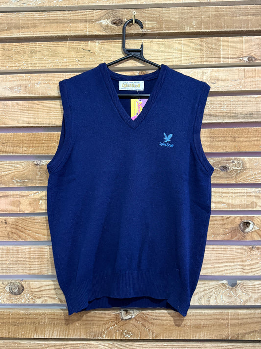 Vintage 70s Lyle & Scott knitted lambswool vest jumper/ sweater. Blue. Size small. Golf.