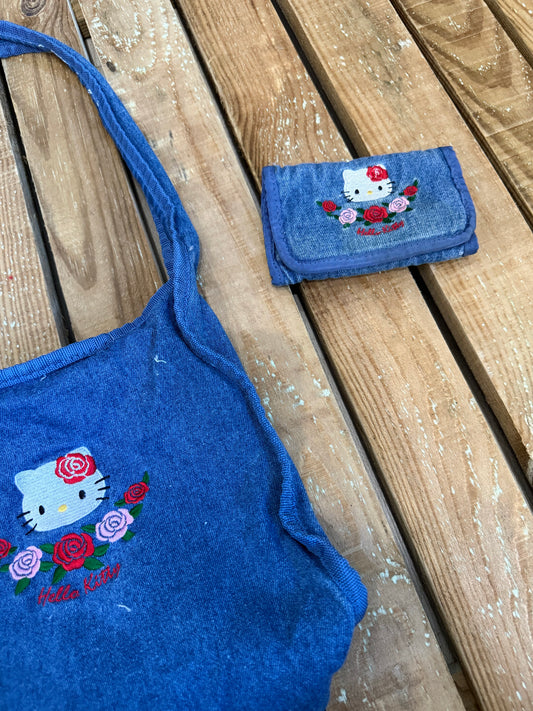 Vintage 90s RARE Hello Kitty denim shoulder bag with matching wallet/ purse. Embroidered.