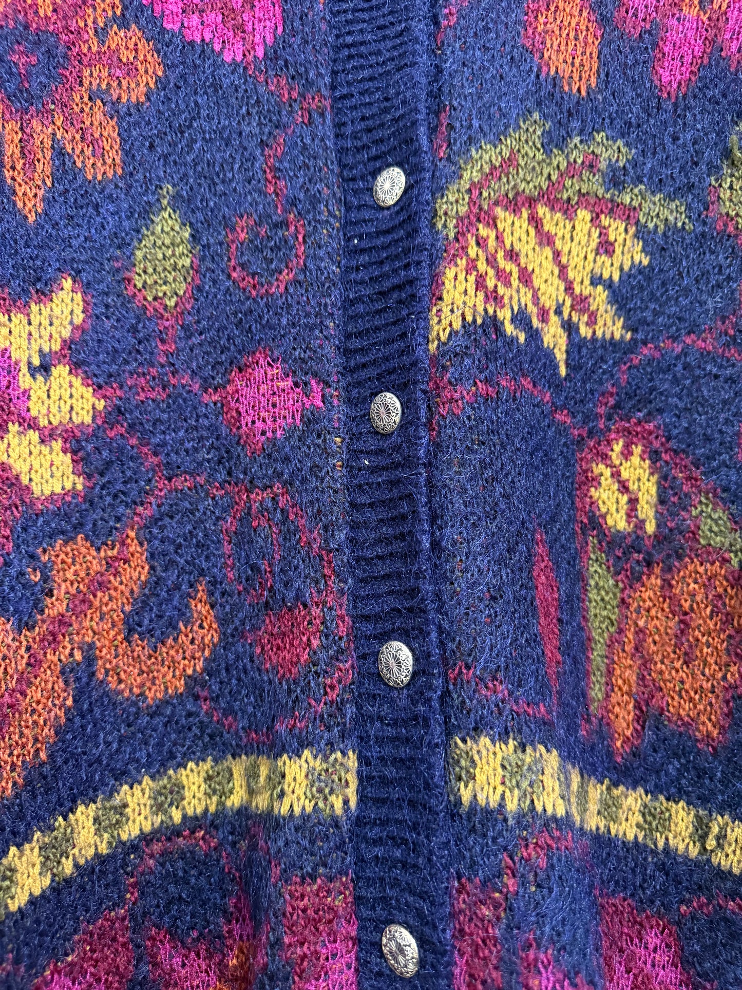 Vintage 90s floral knit button up mohair & wool cardigan. Free sizing. Cottage core.