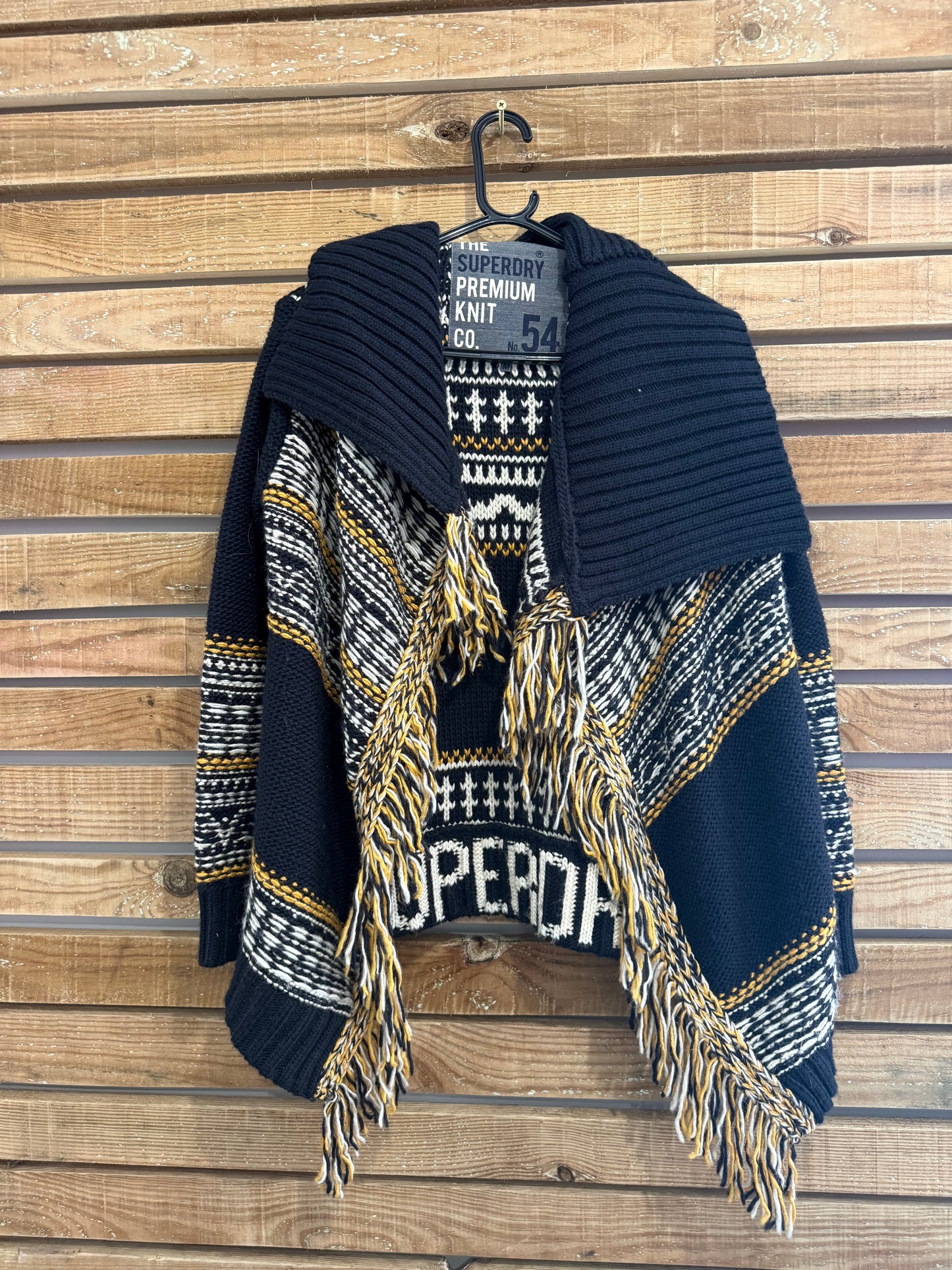 Superdry premium knit open cardigan. Tasselled. Cowboy/ Yellowstone. Size Medium.