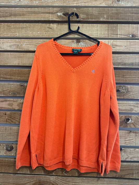 Vintage 90s Ralph Lauren V Neck jumper/ sweater. Orange. Cotton. Size XXL.
