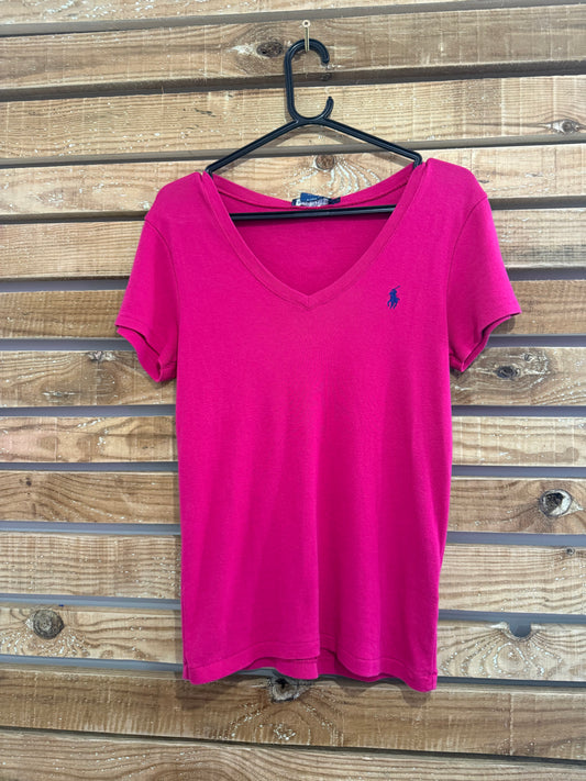 Vintage 90s Ralph Lauren V neck logo T-shirt. Pink. Size Large.