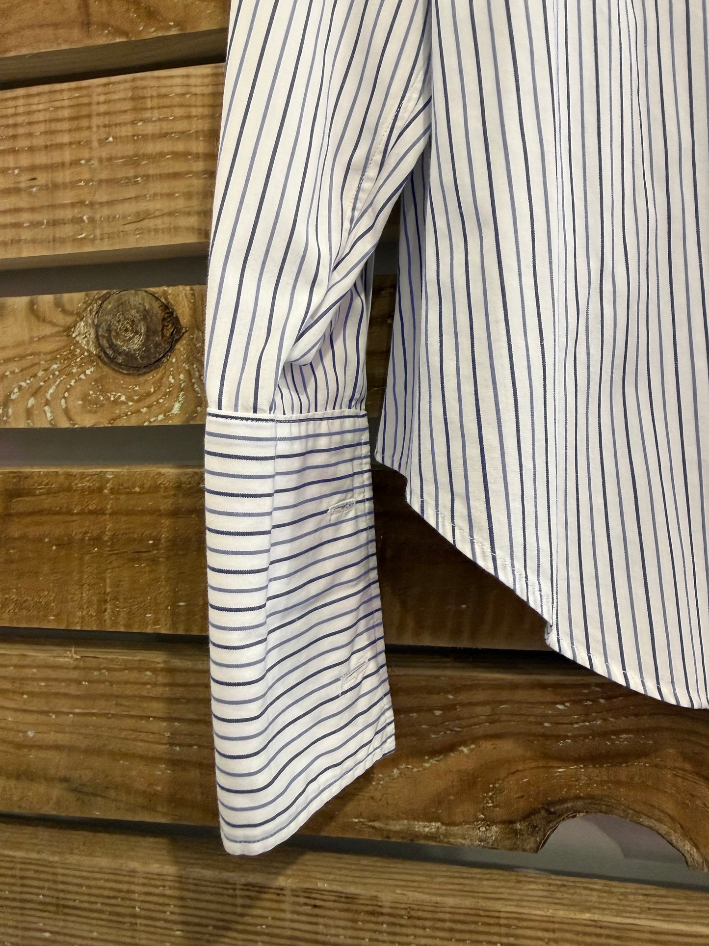 Vintage 90s Ralph Lauren Dress Shirt - French Cuffs, 16” Collar, 50” chest. Size XL. Blue stripe.
