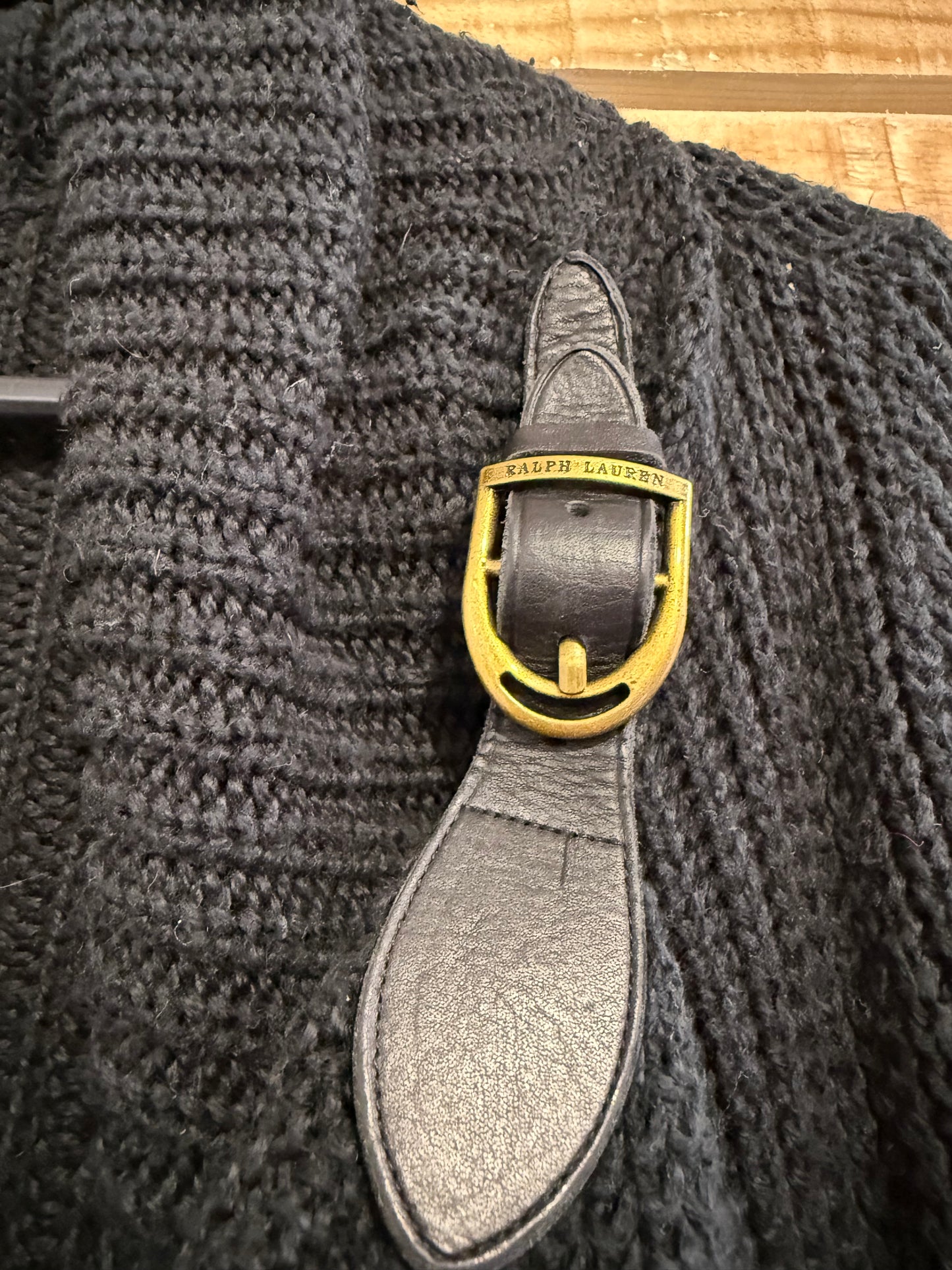 Vintage 90s Ralph Lauren buckle poncho/ shawl/ cape. Preppy/ equestrian. Black. Size medium.