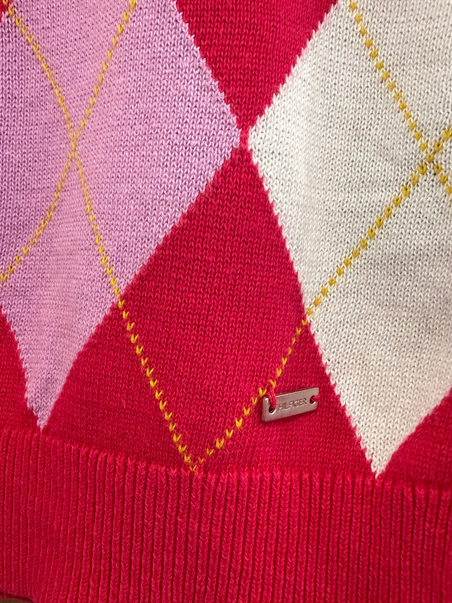 Vintage 90s Tommy Hilfiger argyle crewneck cotton jumper/ sweater. Pink. Size Small.
