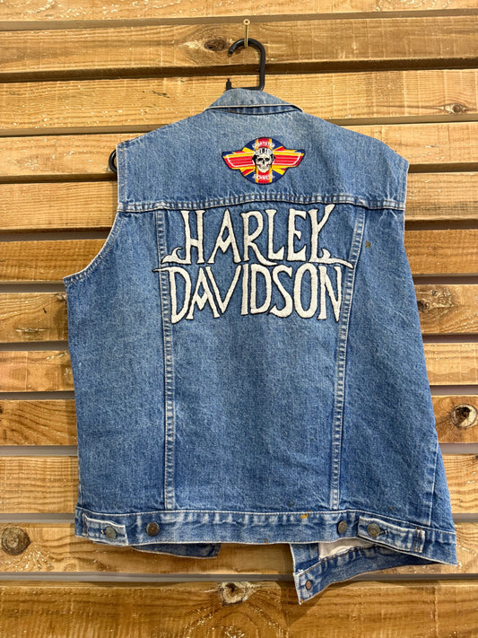 Vintage 80s Levi’s x Harley Davidson blue denim Gilet sleeveless Jacket. Size Medium. Biker
