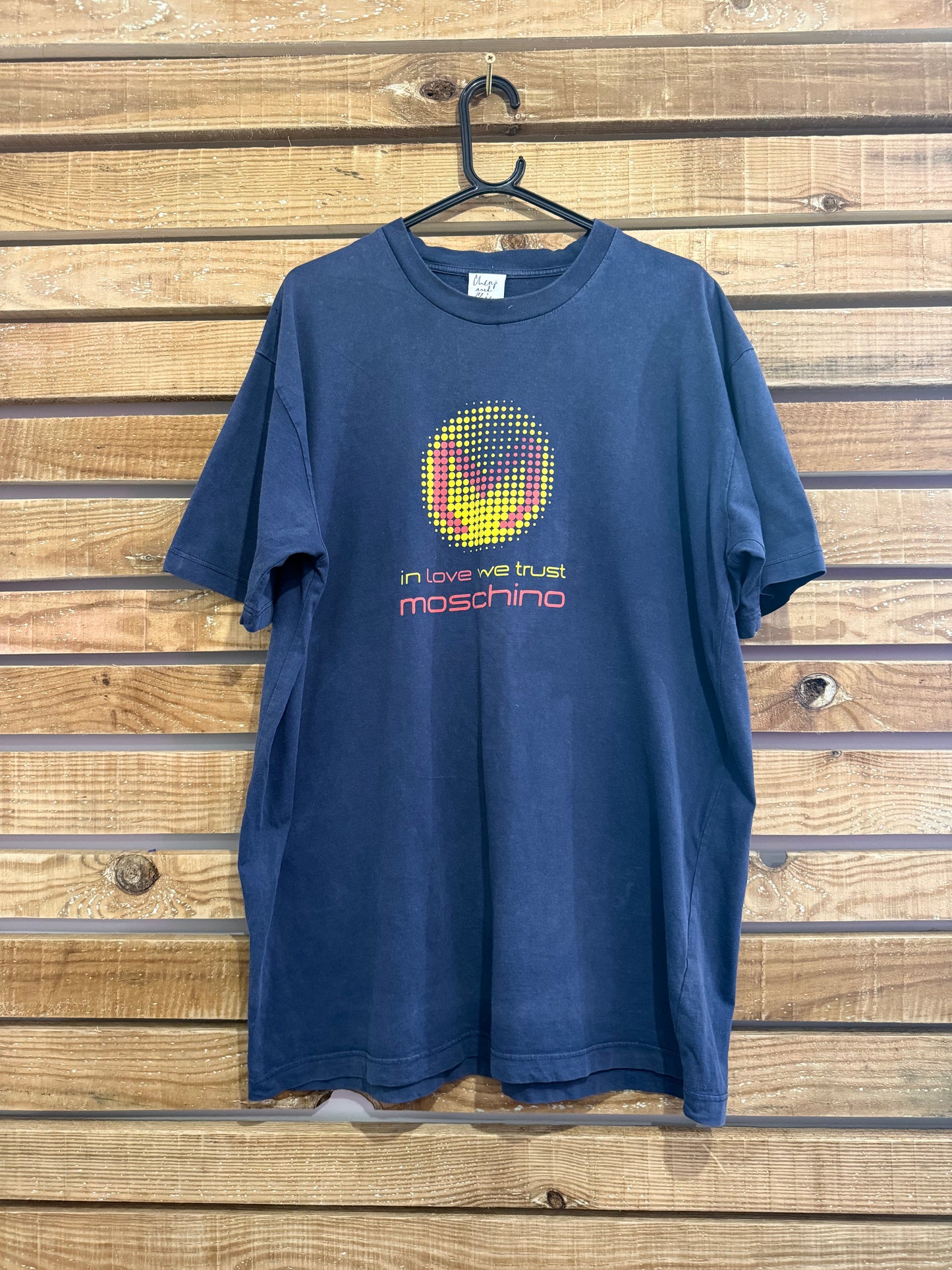 Vintage 90s RARE Moschino in love we trust motif T-shirt. Size Large. Rave