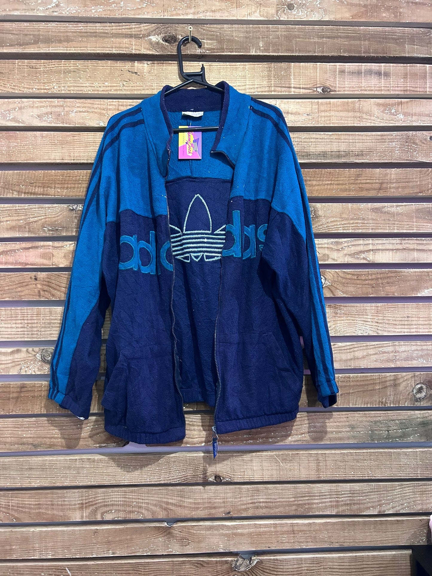 Vintage 80’s RARE Adidas spell-out zip-up fleece jacket. Blue. Size Large
