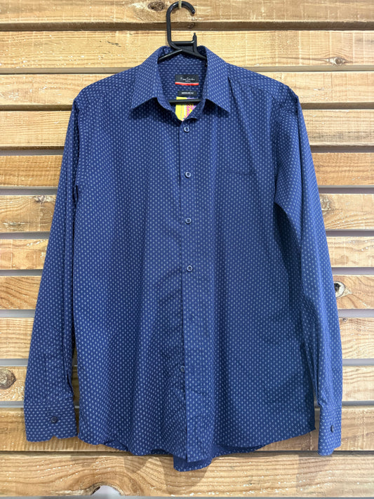 Vintage 80s Pierre Cardin blue patterned button up shirt. Size Medium.