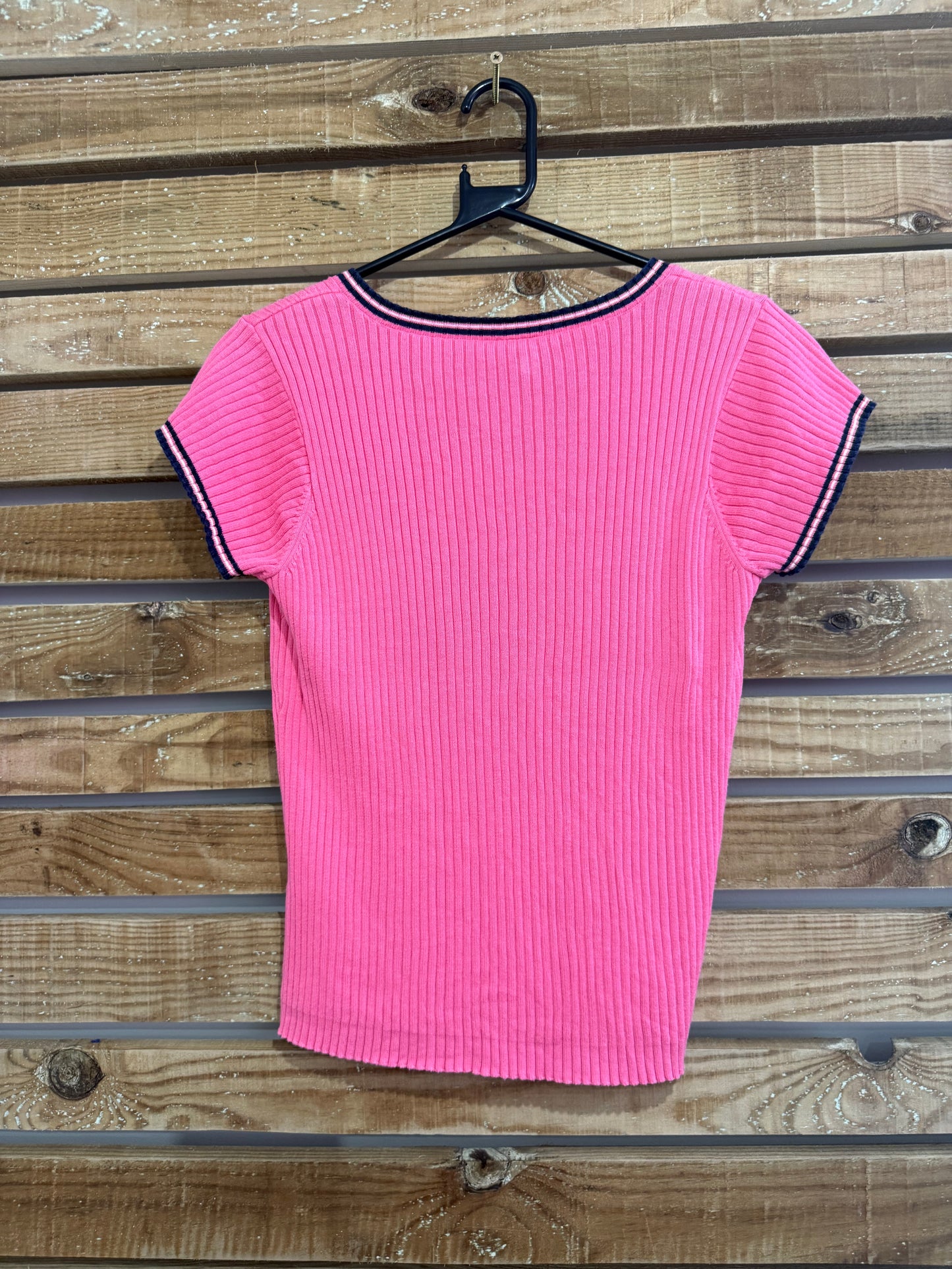 Vintage 90s Tommy Hilfiger V Neck/ Short Sleeved cotton jumper/ sweater. Pink. Size XL.
