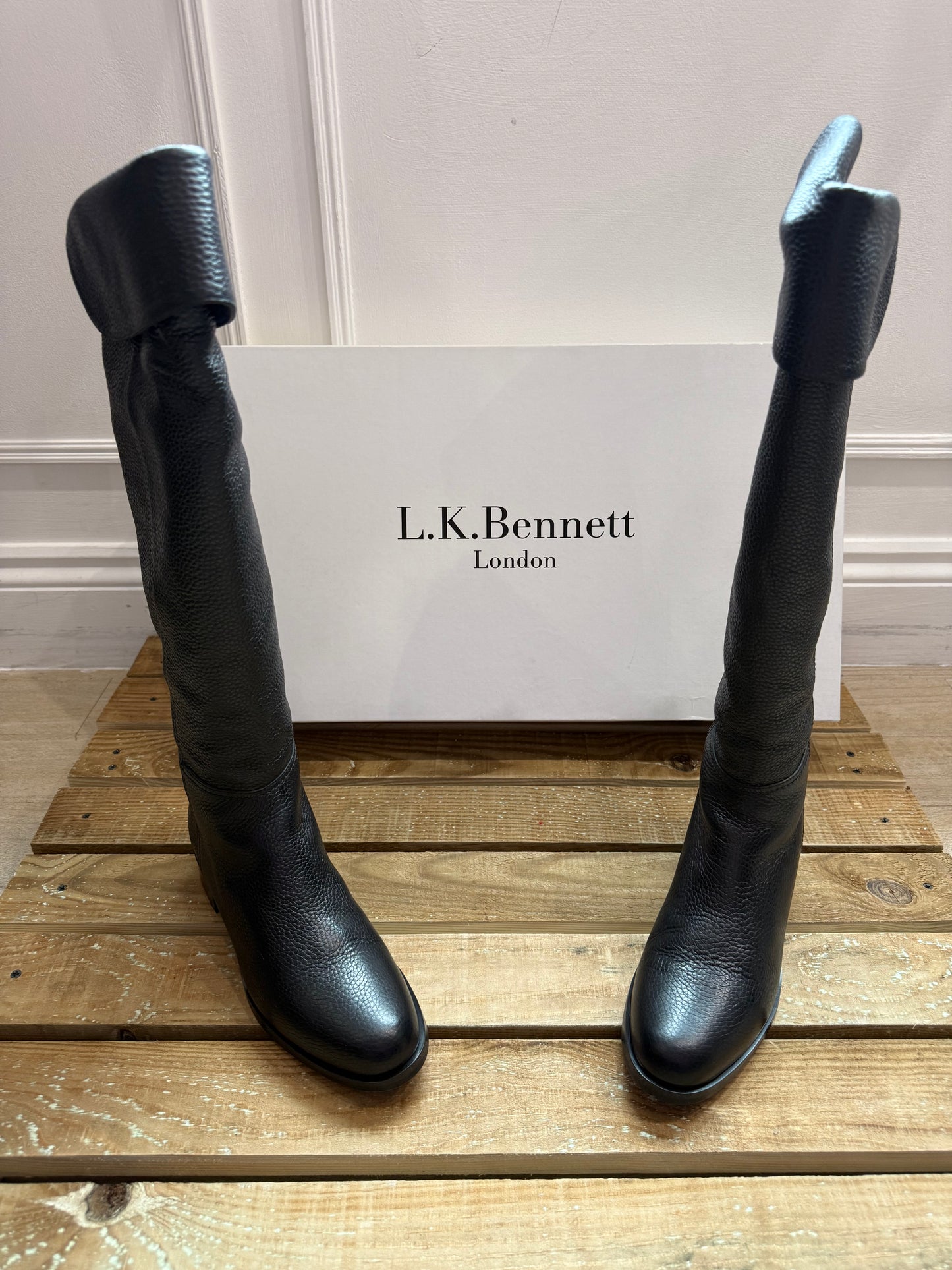 L.K.Bennett knee high fold over boots. Black leather. Size UK6 EU39. In box