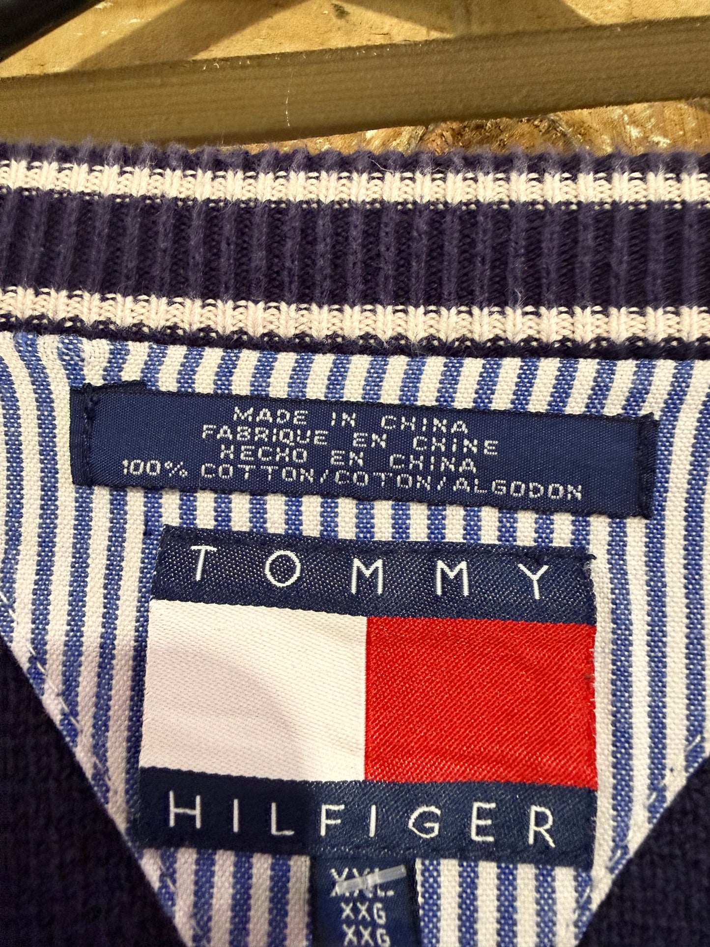 Vintage 90s Tommy Hilfiger crewneck cotton jumper/ sweater. Blue Stripe. Size XXL