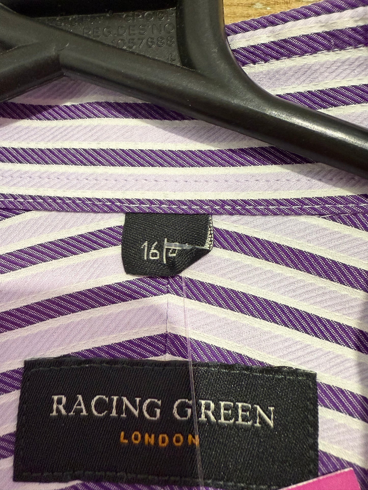 Racing Green striped shirt. Purple. 16” collar. Size Large.