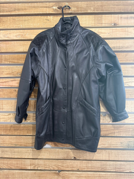 Vintage 80s leather embellished  bomber jacket. Black. Size Small.