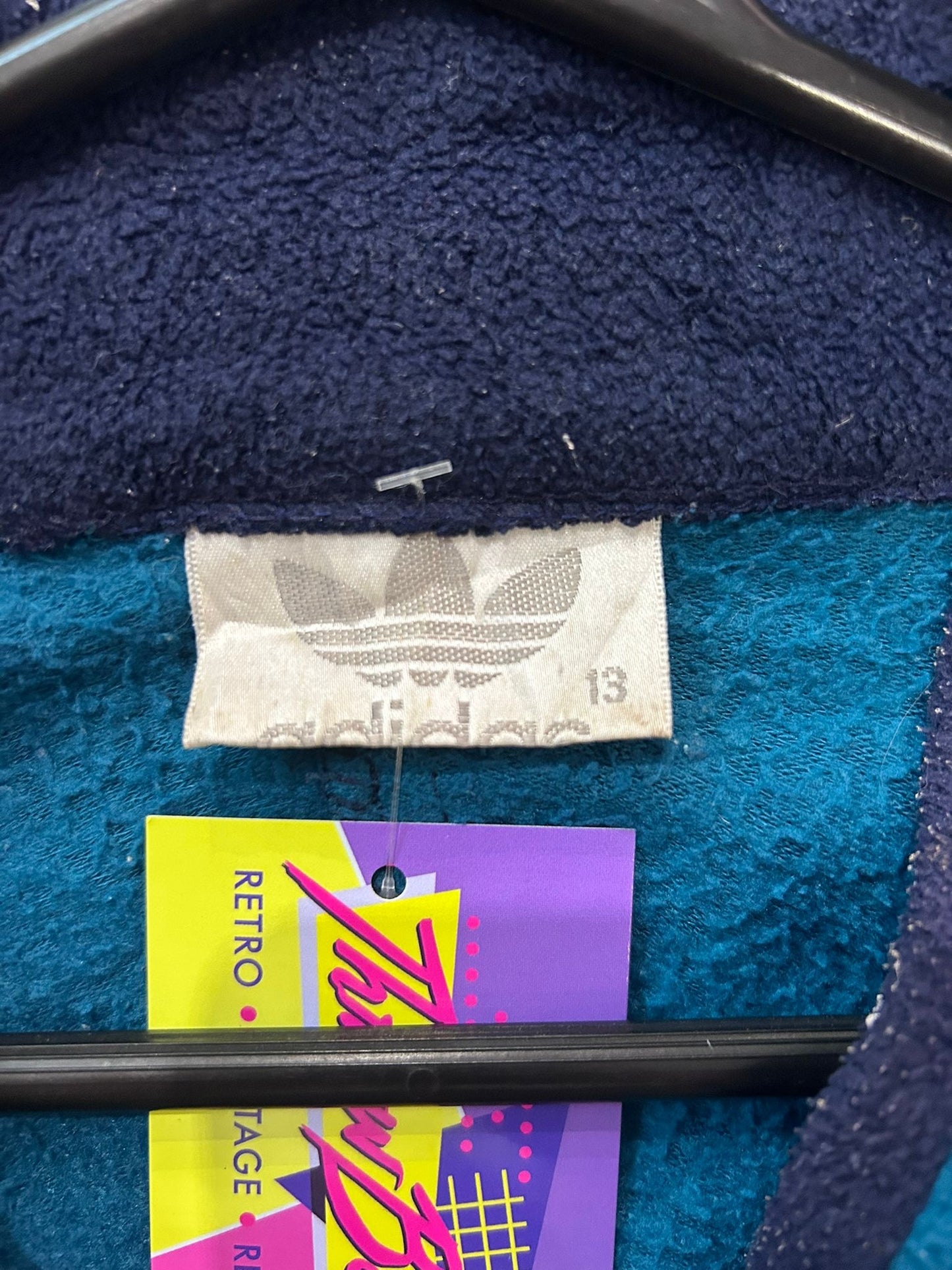 Vintage 80’s RARE Adidas spell-out zip-up fleece jacket. Blue. Size Large