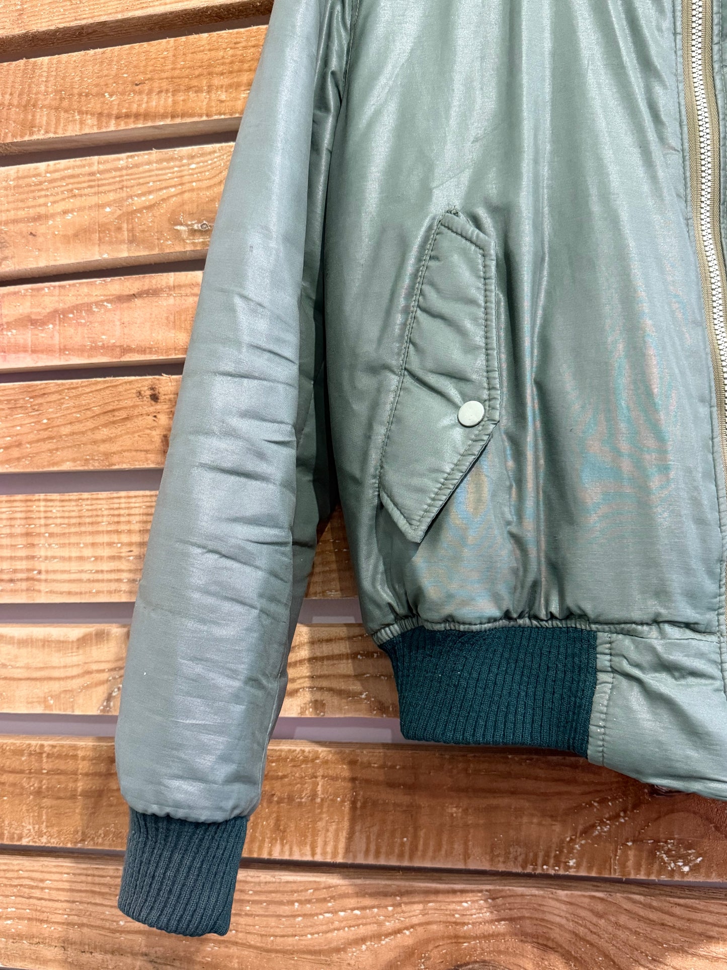 Vintage 70s MA1 bomber flight jacket. Made in England. Green. Size Medium.