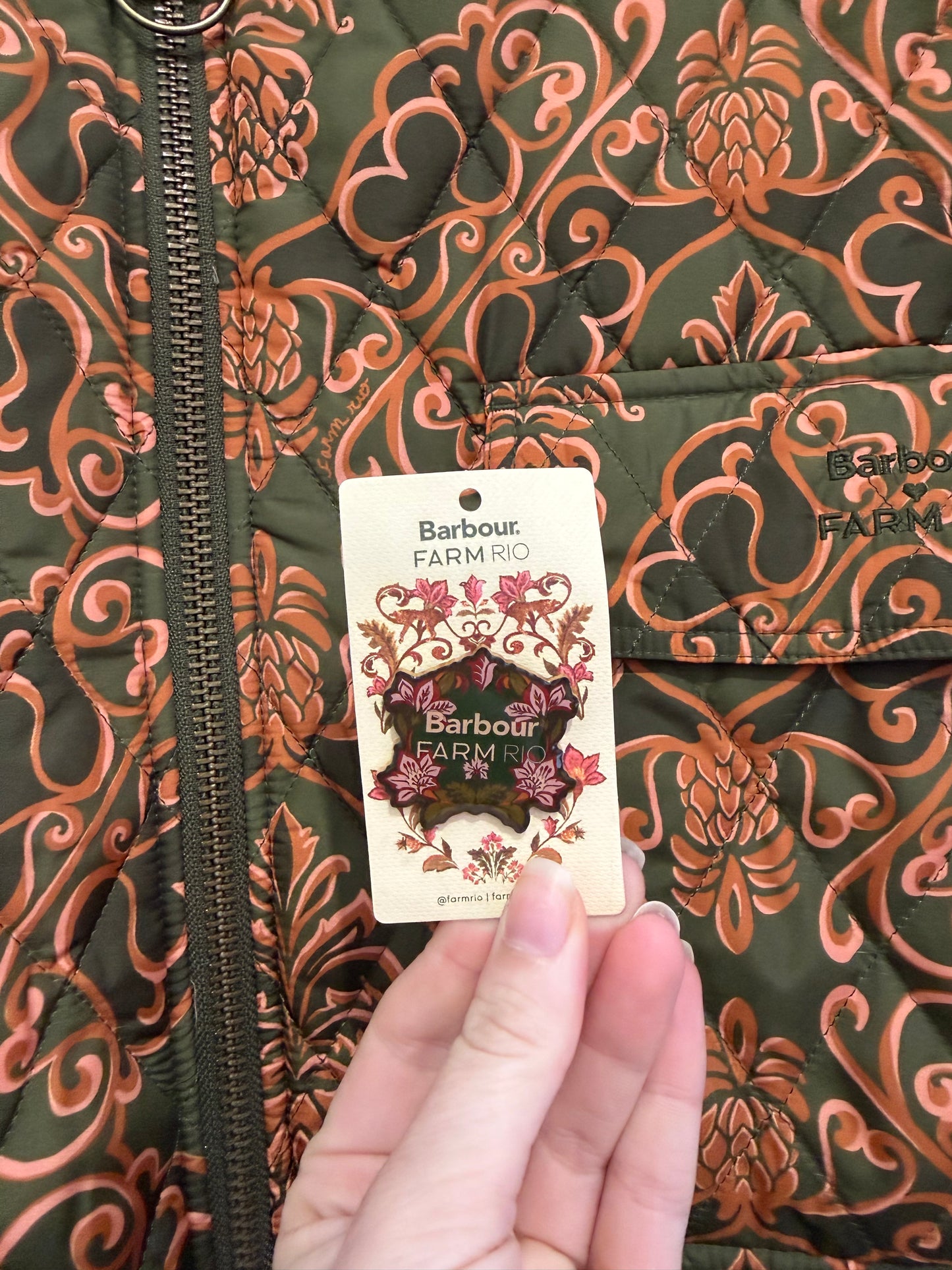 BNWT Barbour x Farm Rio Luisa Quilted Jacket. Green & Orange floral pineapple print. Size Large.