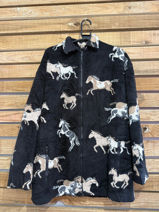 Vintage 90s black horse animal patterned zip up fleece jacket. Size XL