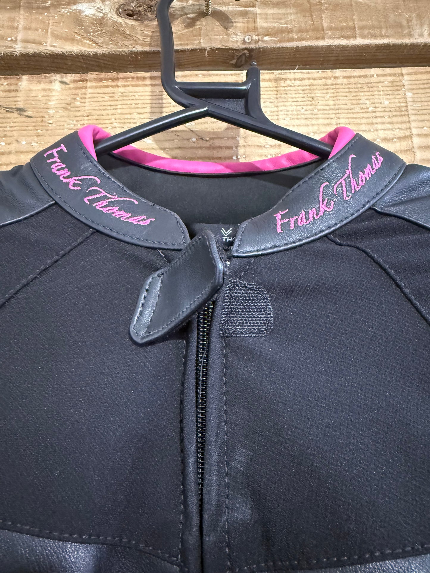 Frank Thomas leather motorcycle racing/ biker jacket. Size 10. Pink & black.
