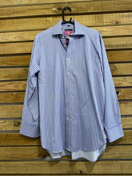 Racing Green striped shirt. Blue. 16” collar. Size Large.