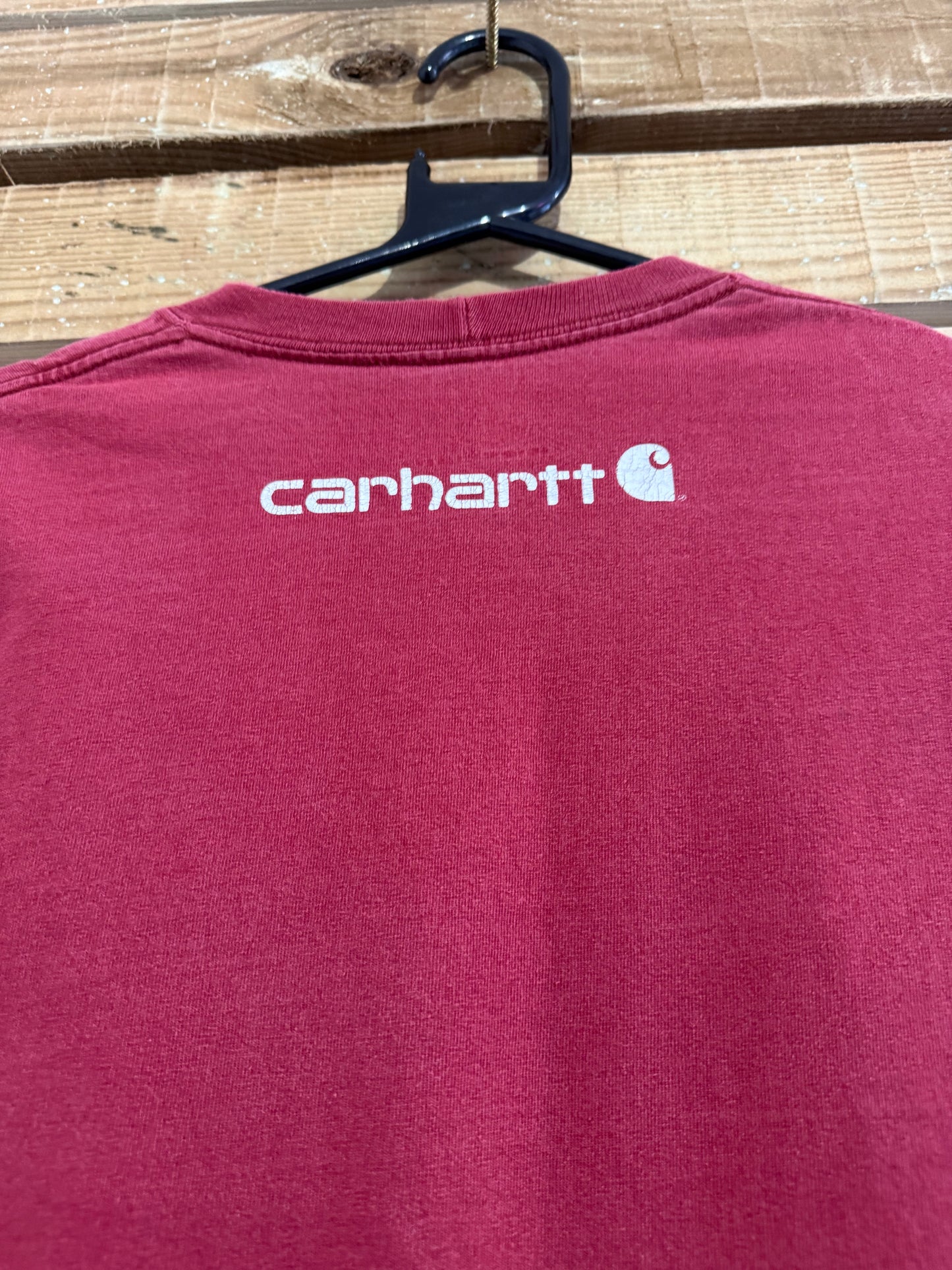 Carhartt long sleeved t-shirt. Spell-out. Burgundy. Workwear/ cowboy/ USA. Size Small.