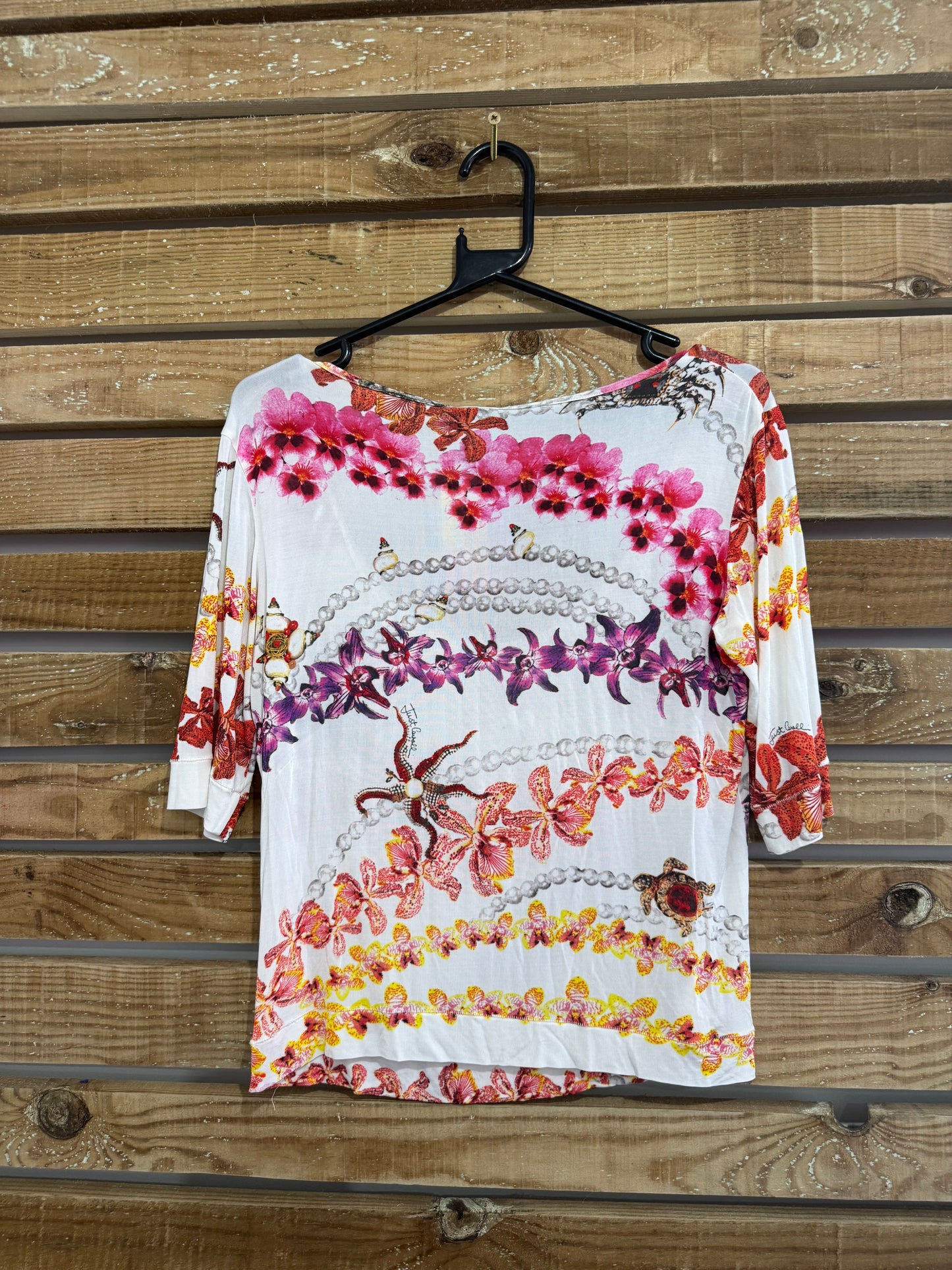 Vintage Y2K Roberto Cavalli orchid print T-shirt. Size Large.
