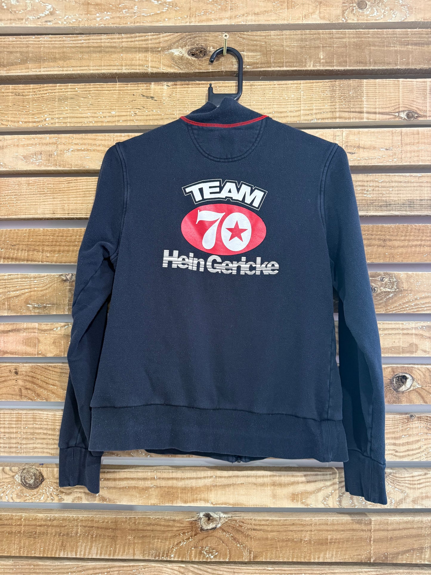 Vintage 90s Hein Gericke zip up racing motif sweater/ sweatshirt. Black. Size Medium.
