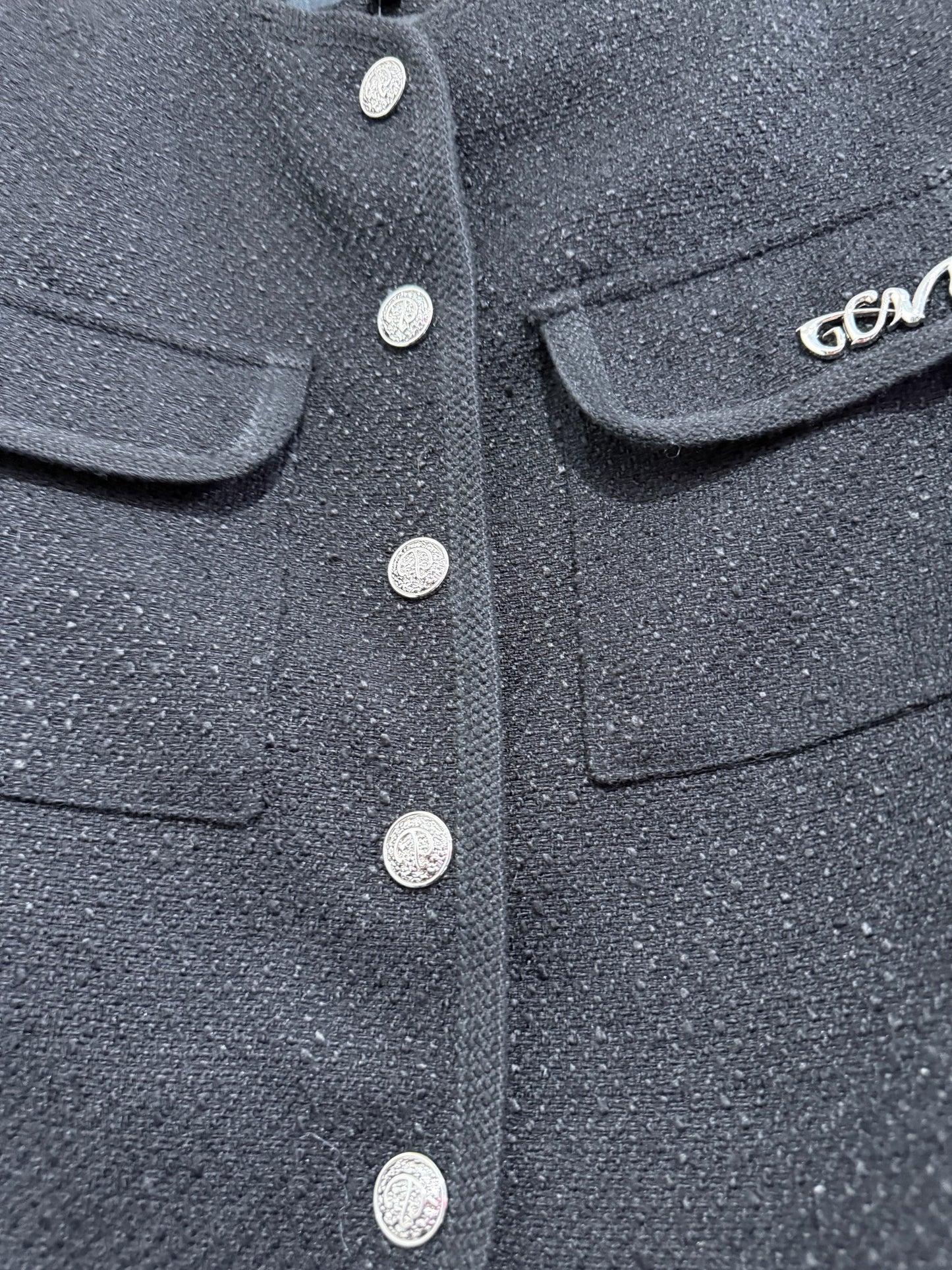 Chanel style tweed cropped jacket & silver buttons. Size UK8-10
