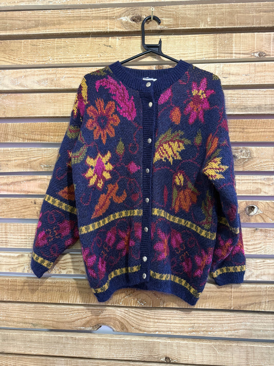 Vintage 90s floral knit button up mohair & wool cardigan. Free sizing. Cottage core.
