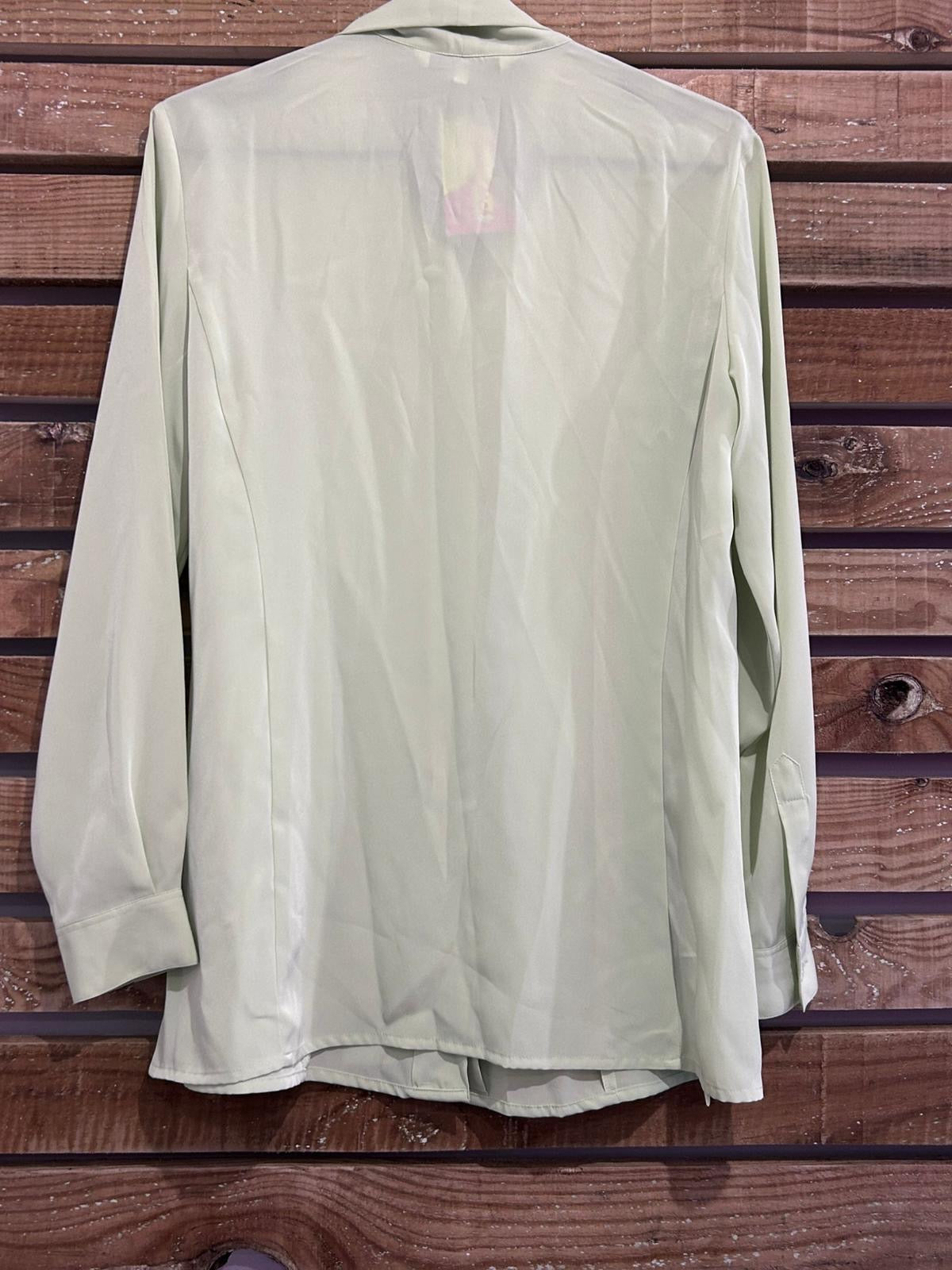 Vintage 80s Aquascutum pussy bow pale green blouse. Size UK10.