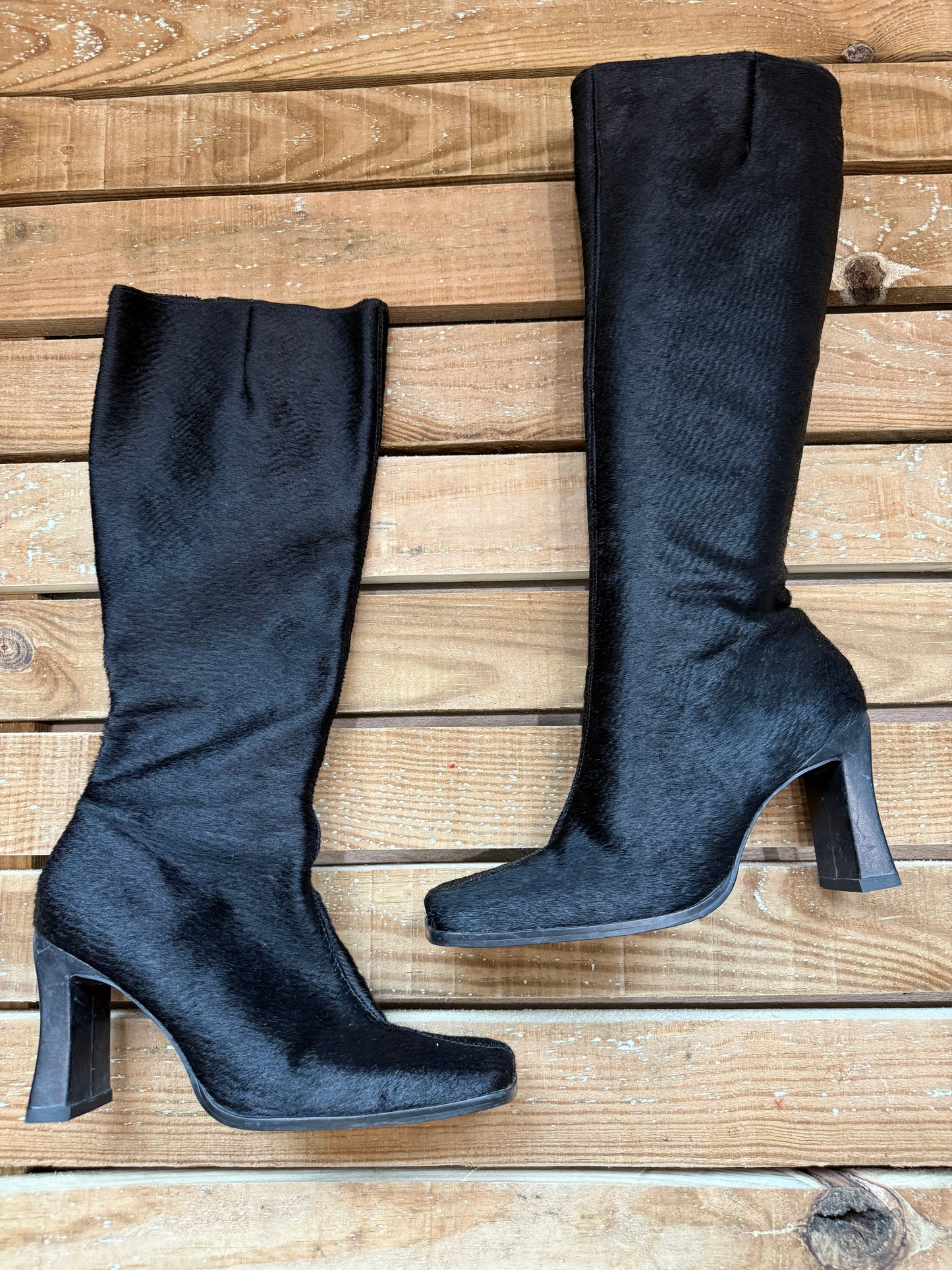 Vintage Y2K pony skin knee high boots, heeled boots. Black. Size UK5 EU38.
