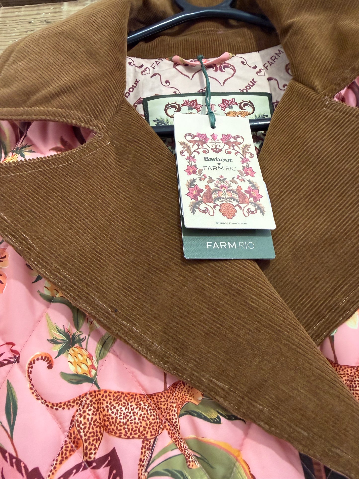 BNWT Barbour x Farm Rio Cami Quilted Jacket. Pink patchwork. Size XS.