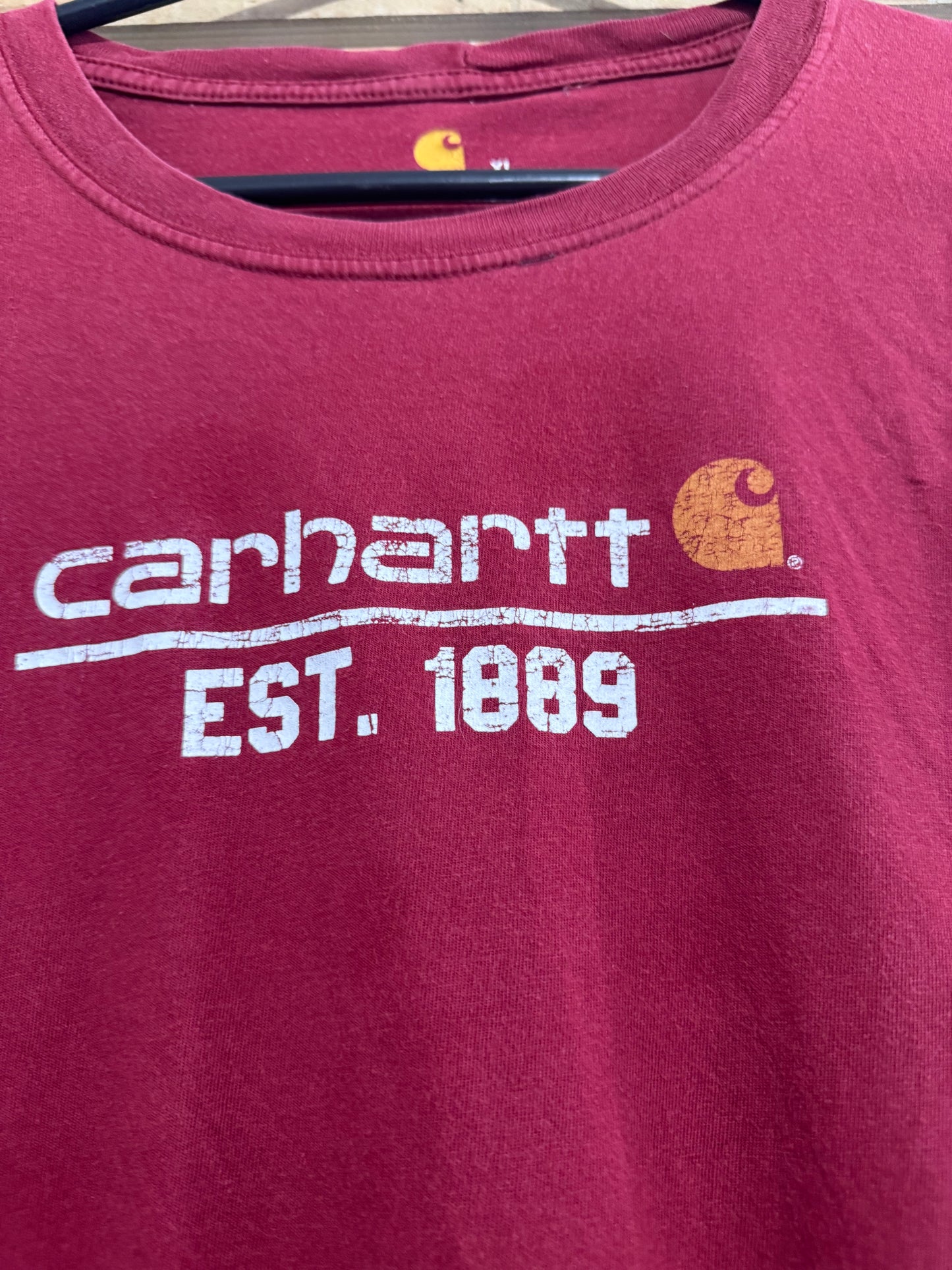 Carhartt long sleeved t-shirt. Spell-out. Burgundy. Workwear/ cowboy/ USA. Size XL