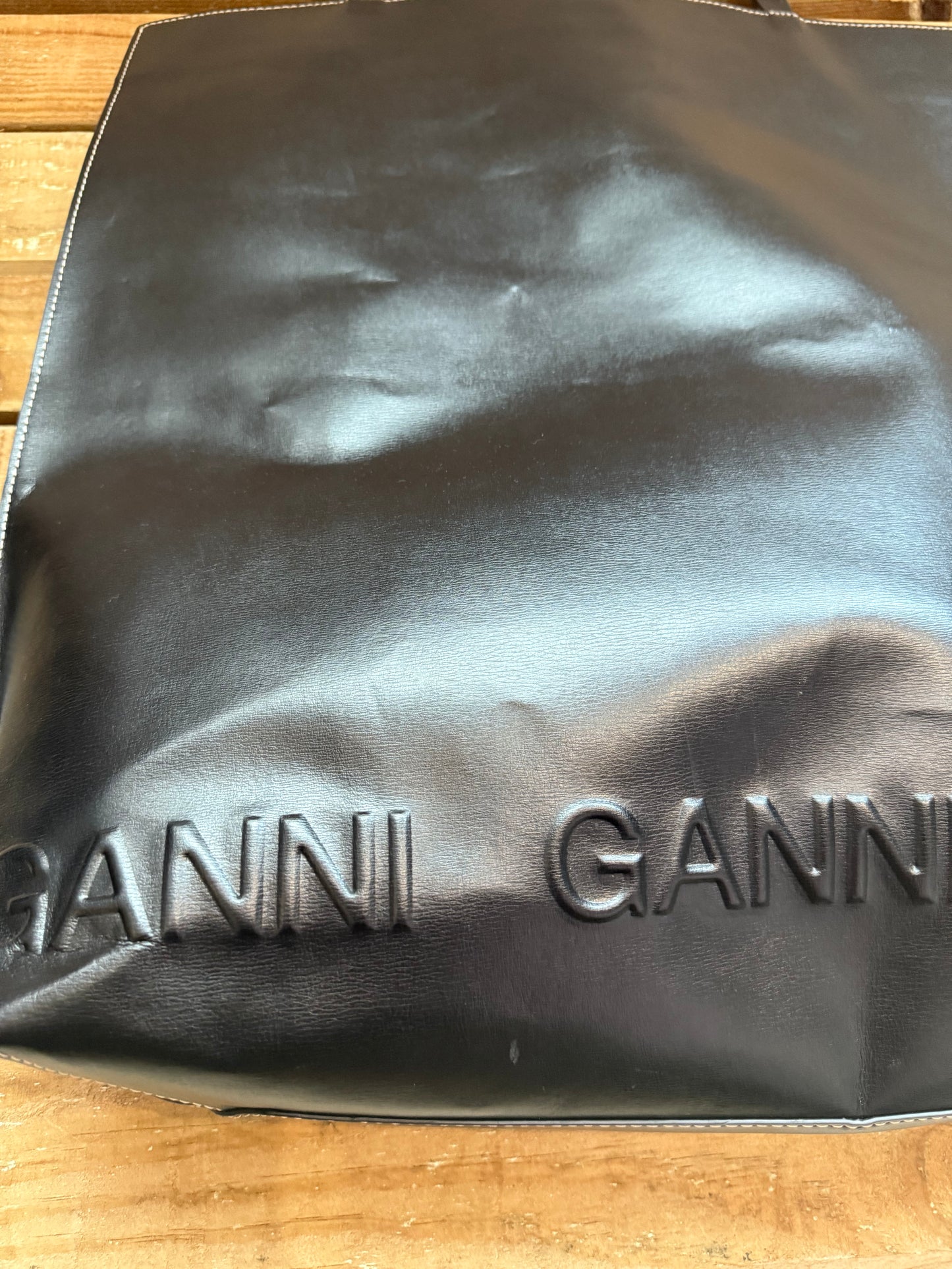 Ganni recycled leather banner tote bag.