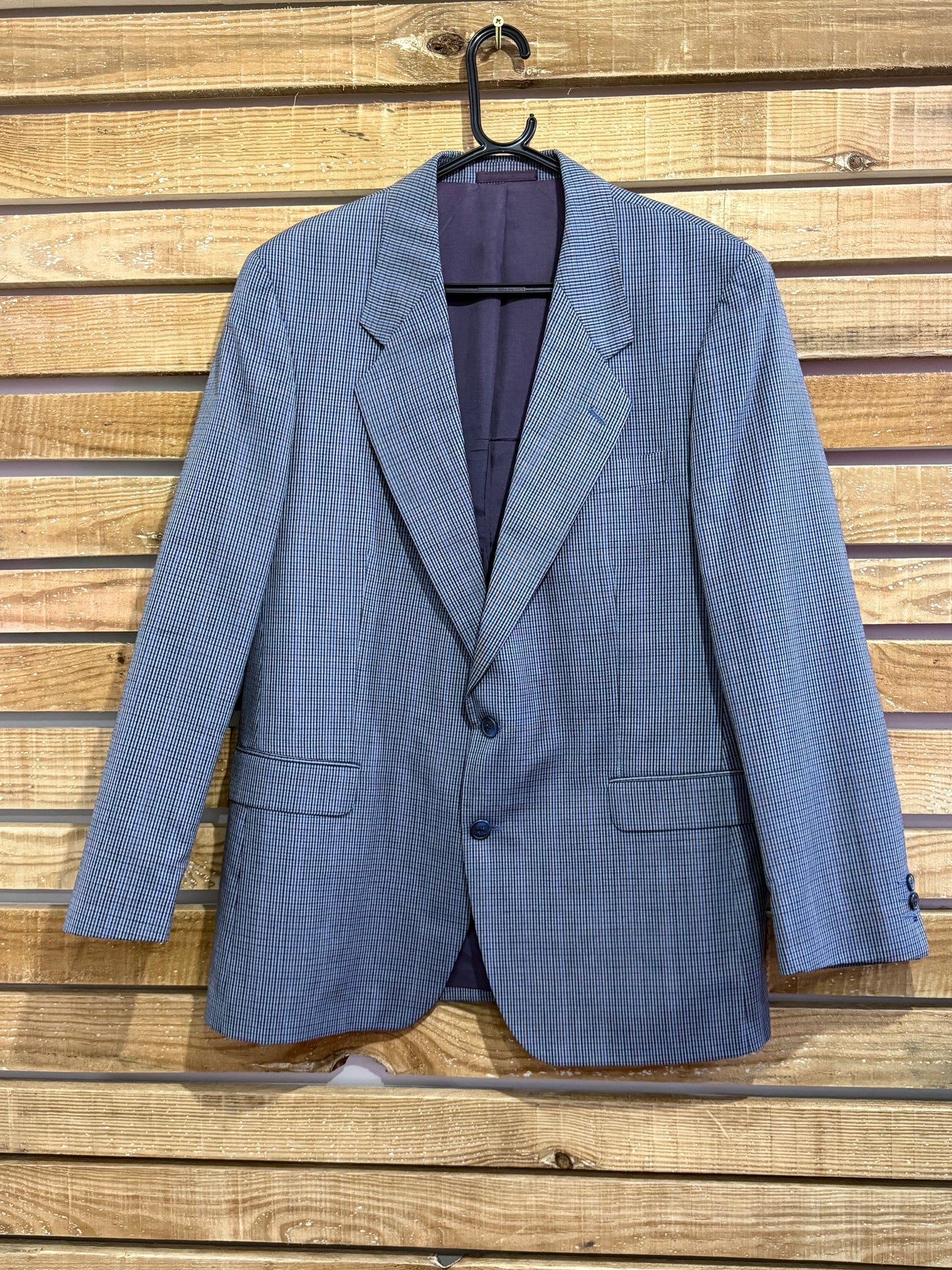 Vintage 80s Hans Kelven check blazer/ suit jacket. Size 44” chest, Medium. Blue.