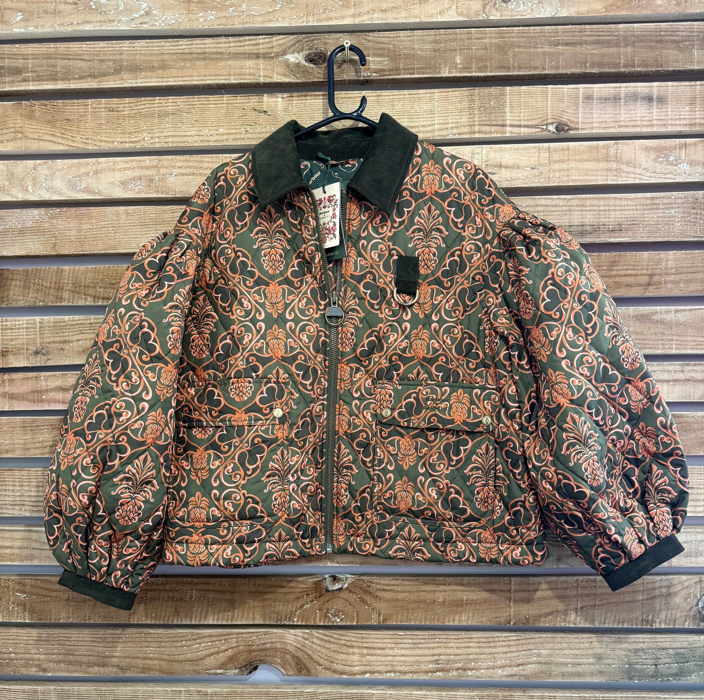 BNWT Barbour x Farm Rio Luisa Quilted Jacket. Green & Orange floral pineapple print. Size Large.
