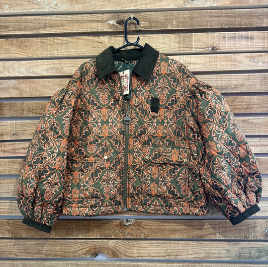 BNWT Barbour x Farm Rio Luisa Quilted Jacket. Green & Orange floral pineapple print. Size Large.