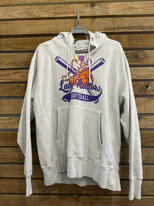 Vintage 90s Champion Reverse Weave Lady Railers Softball hoodie/ hooded sweater. USA/ American. Grey Size Large