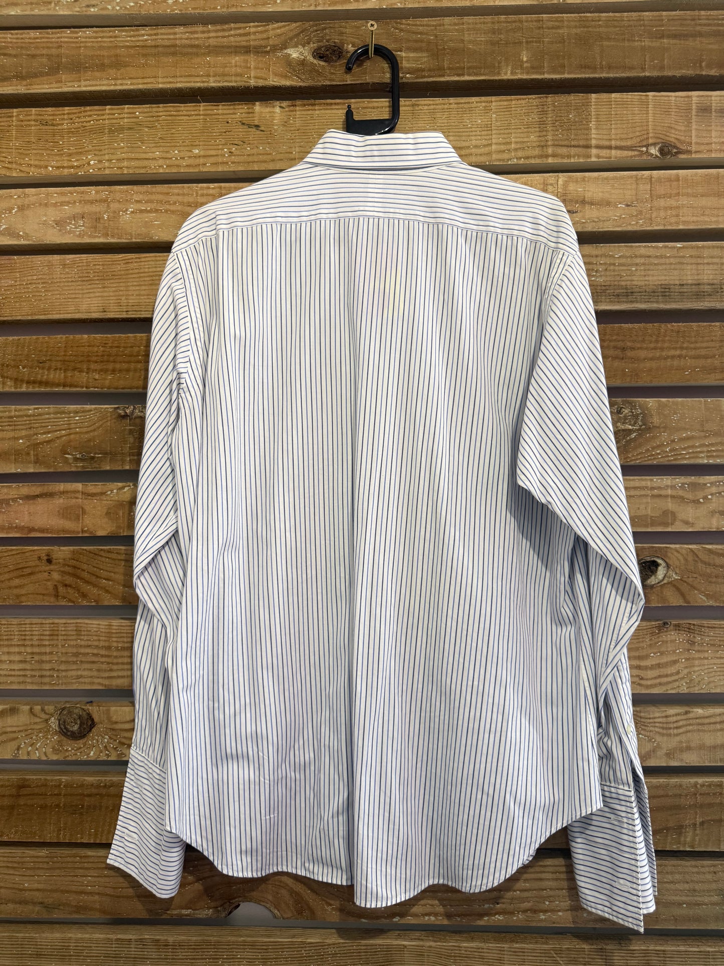 Vintage 90s Ralph Lauren Dress Shirt - French Cuffs, 16” Collar, 50” chest. Size XL. Blue stripe.