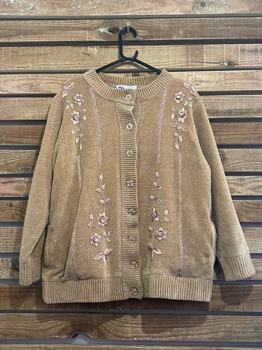 Vintage 80s Embroidered knit cardigan/ jumper. Beige. Size Large