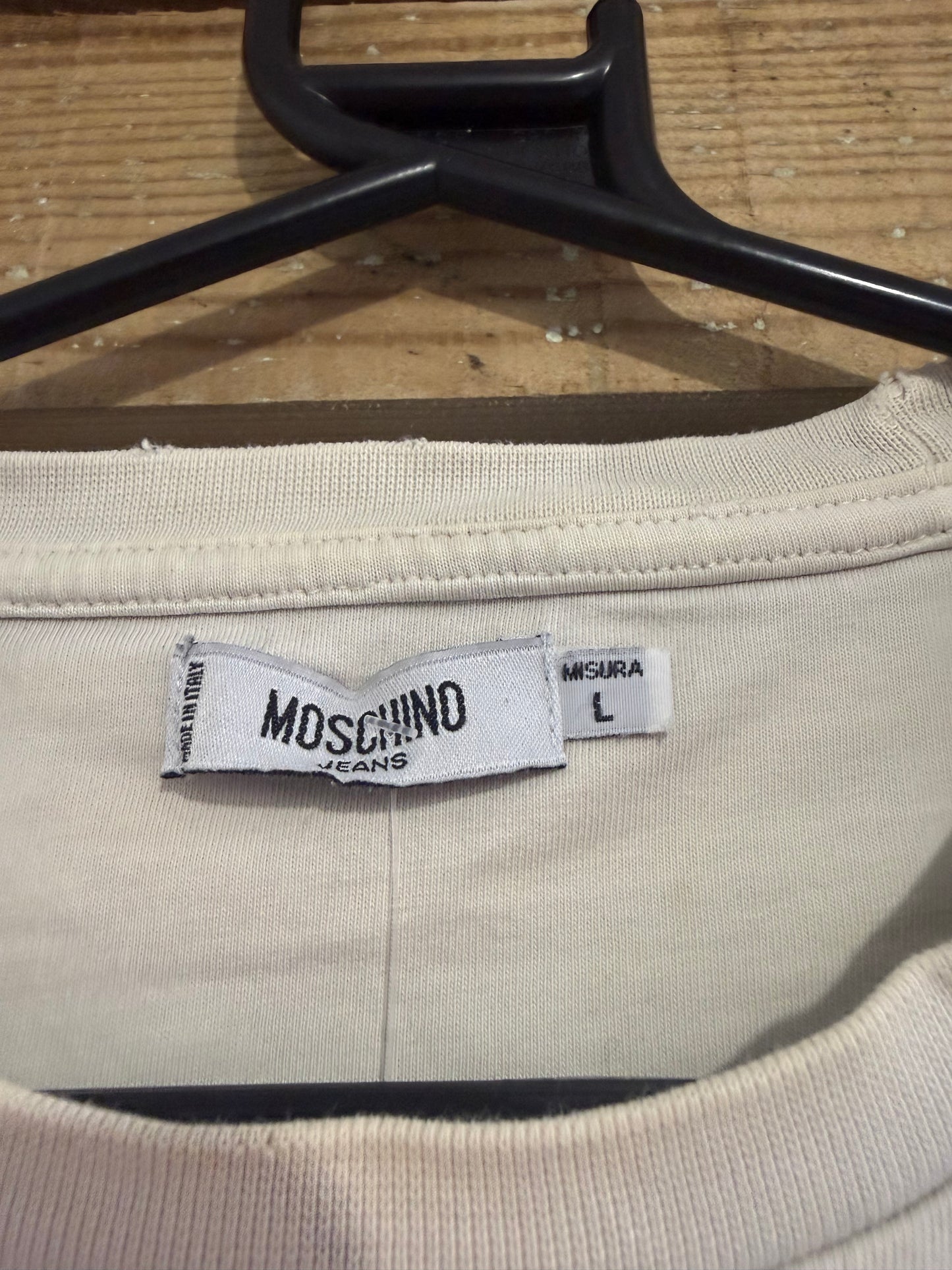 Vintage 90s Moschino peace logo embroidered T-shirt. Size Large. Rave