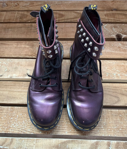 Dr. Martens 1460 metallic purple leather boots 8-eyelet with studded detail. Made in England. UK6, EU39.