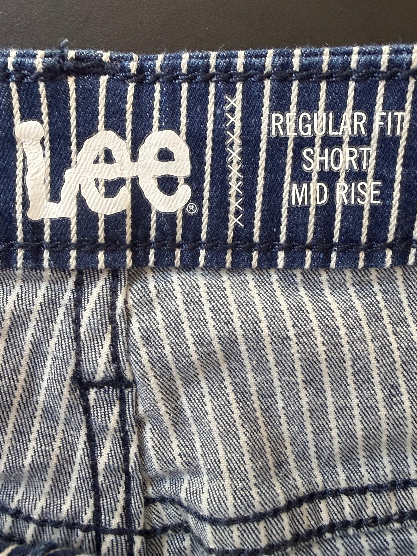 Vintage 90s Lee pinstriped blue denim shorts. Summer/ holiday. UK20, Waist 40” plus size.