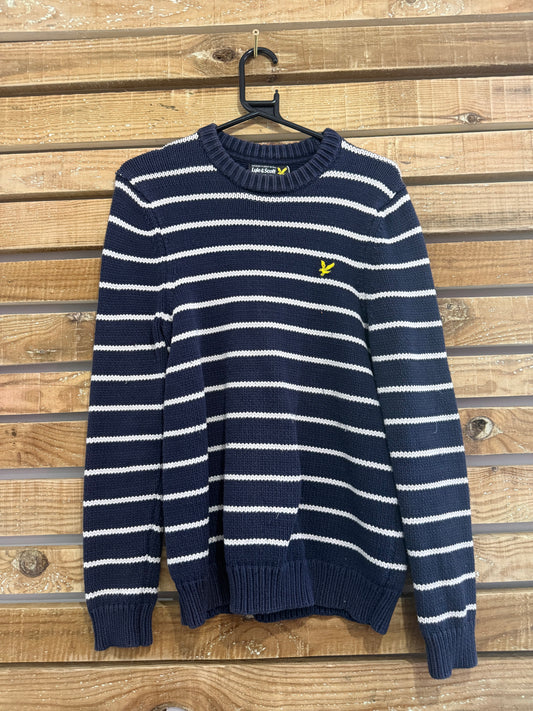 Vintage 90s Lyle & Scott knit stripe jumper/ sweater. Blue. Size medium.